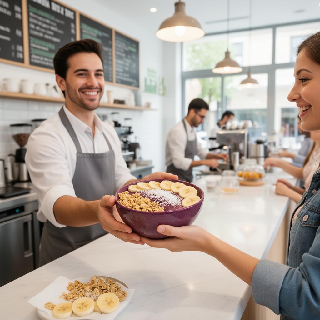 Barista sirviendo un bowl de açaí en una cafetería